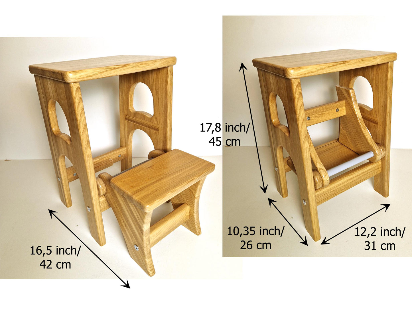 Natural Oak Stepladder 12,2inch/31cm wide, 17,8 inch/45 cm high, StepStool Natural Wood, Stool Ladder, Kitchen Step Stool