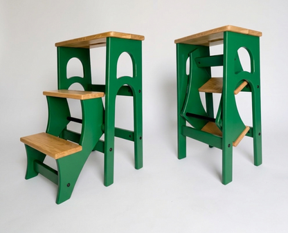 Handcrafted Ukrainian Stepladder by Family Woodshop: Convertible Stool - Emerald Green (24.8"/63cm)