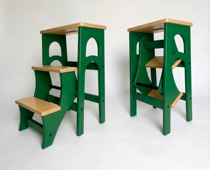 Handcrafted Ukrainian Stepladder by Family Woodshop: Convertible Stool - Emerald Green (24.8"/63cm)