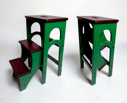Handcrafted Ukrainian Stepladder by Family Woodshop: Convertible Stool - Emerald Green (24.8"/63cm)