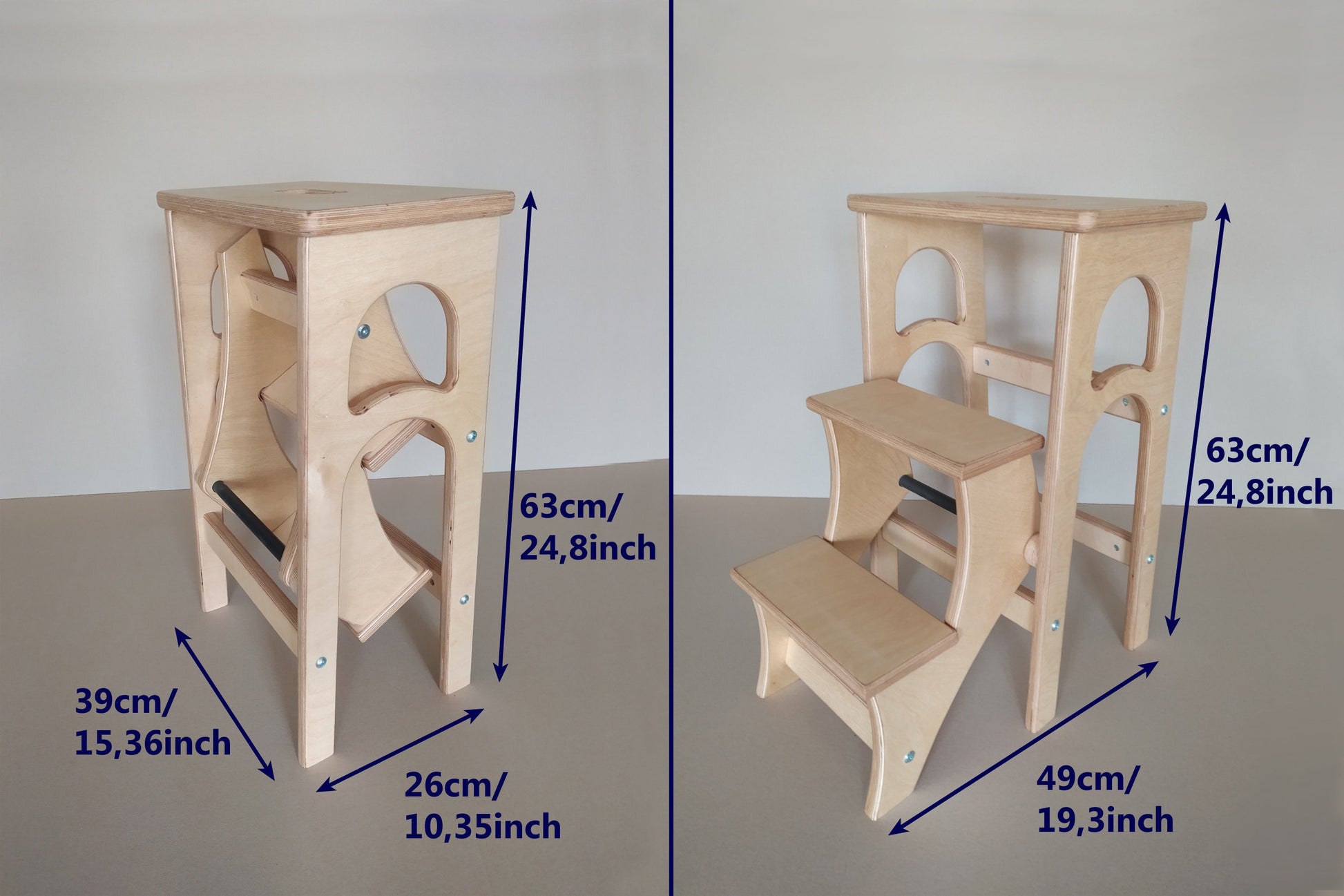 These are the dimensions of the step stool.
Close: 15.36x10.35x24.8inch
Open: 19.3x24.8x15.36inch