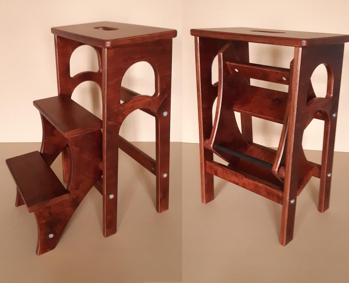 This is a stool that easily transforms into a stepladder. Shown open and closed. Color of mahogany: brown-red.