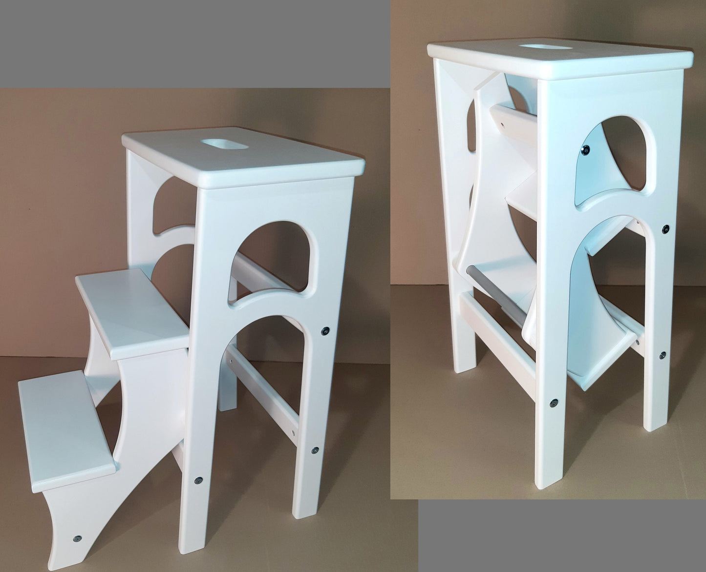 This is a step stool with three steps in white. It transforms easily and quickly.