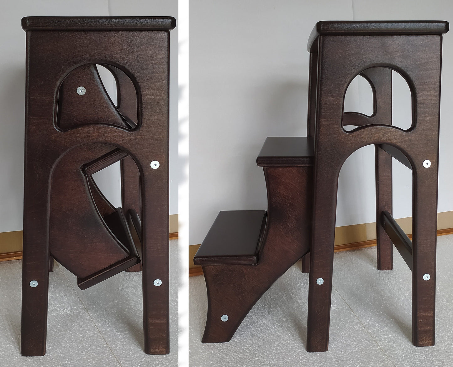 This is a chair that converts into a ladder very easily. This is a beautiful dark brown color - wenge.