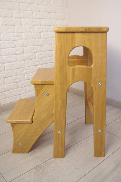 Natural Oak Stepladder, StepStool Natural Wood, Stool Ladder, Stand with Ukraine, Kitchen Step Stool, Dinning Stool, Transformer Stool
