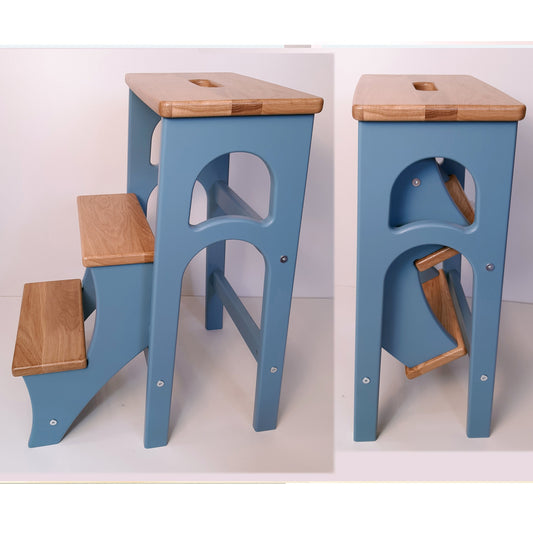 Stepladder Airforce Blue, StepStool, Stool Ladder, Foot Stool, Convertible Chair, Kitchen Step Stool, Dinning Stool, Natural Oak