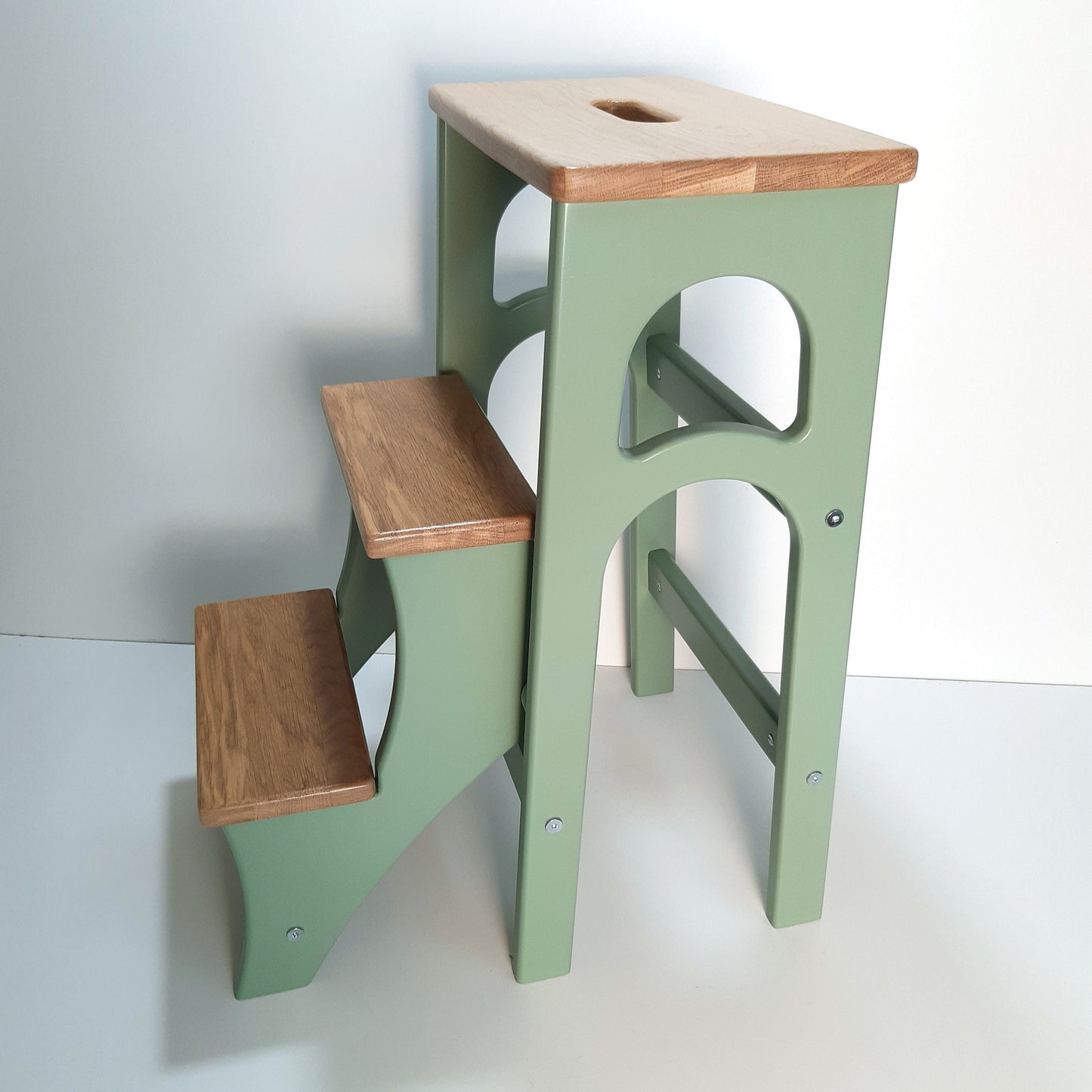 Sage Green Stepladder with Seat&Steps from Natural Oak, Pale Green StepStool, Stool Ladder, Foot Stool, Kitchen Step Stool, Dinning Stool