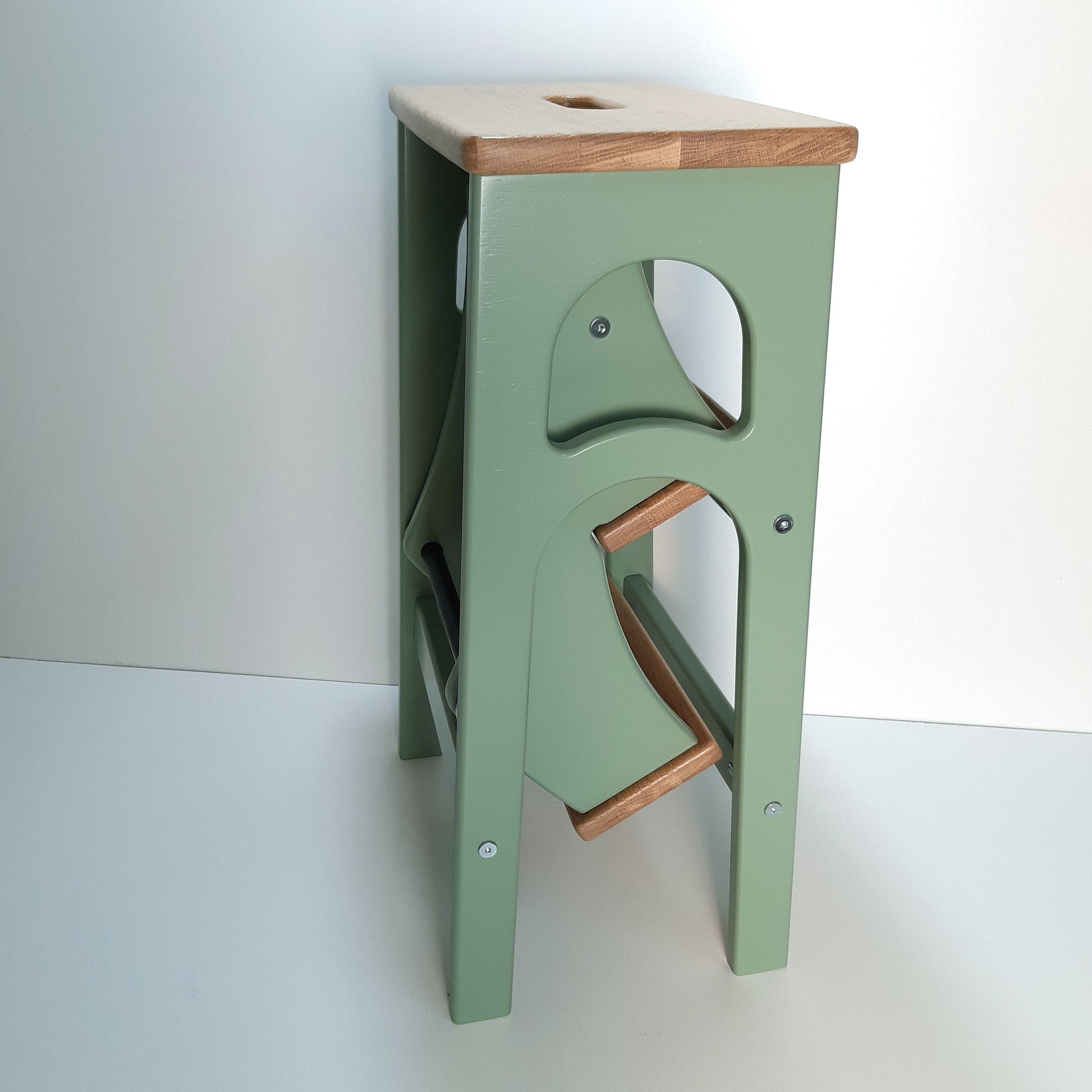 Sage Green Stepladder with Seat&Steps from Natural Oak, Pale Green StepStool, Stool Ladder, Foot Stool, Kitchen Step Stool, Dinning Stool