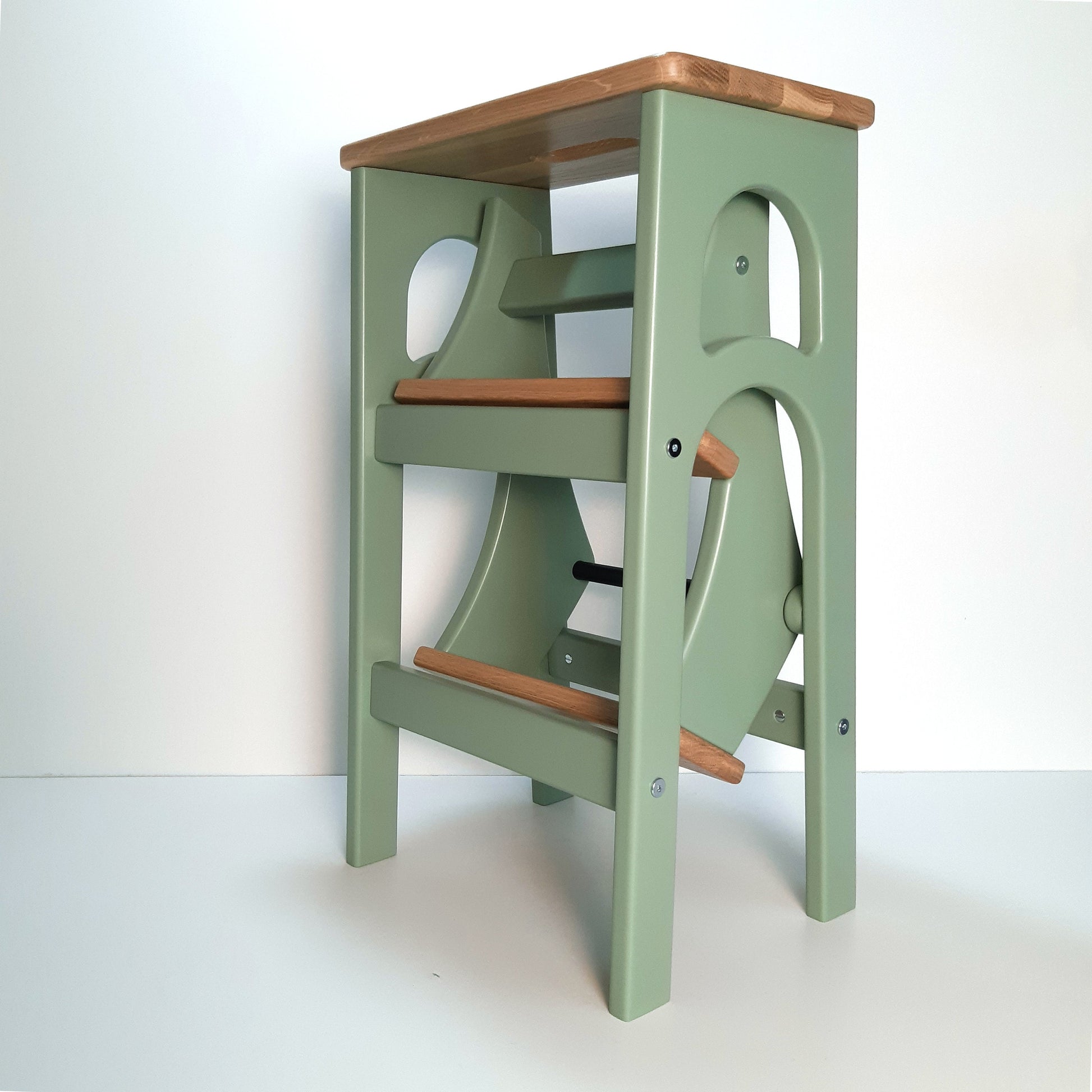 Sage Green Stepladder with Seat&Steps from Natural Oak, Pale Green StepStool, Stool Ladder, Foot Stool, Kitchen Step Stool, Dinning Stool
