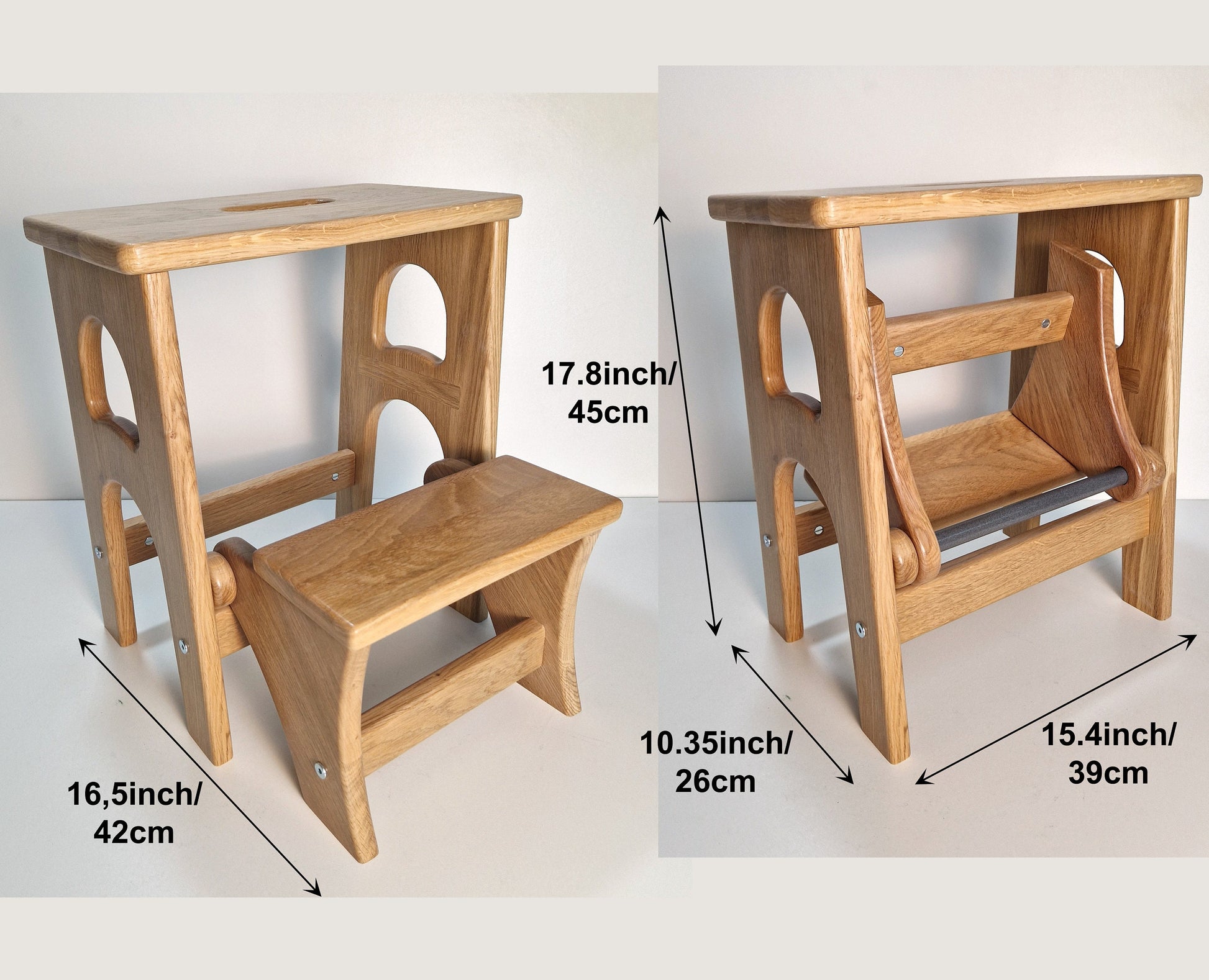 Natural Oak Stepladder, StepStool Natural Wood, Stool Ladder, Kitchen Step Stool, Dinning Stool, Transformer 17.8"