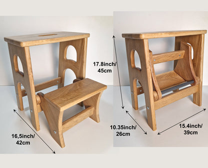 Natural Oak Stepladder, StepStool Natural Wood, Stool Ladder, Kitchen Step Stool, Dinning Stool, Transformer 17.8"