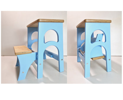 Convertible Stepladder Chair, Solid Wood Step Stool for Adults, Space Saving Kitchen Ladder, Wooden Stool