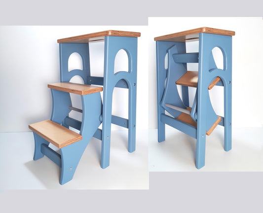 Stepladder Airforce Blue, StepStool, Stool Ladder, Foot Stool, Convertible Chair, Kitchen Step Stool, Dinning Stool, Natural Oak