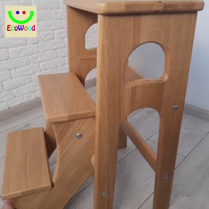Natural Oak Stepladder, StepStool Natural Wood, Stool Ladder, Stand with Ukraine, Kitchen Step Stool, Dinning Stool, Transformer Stool