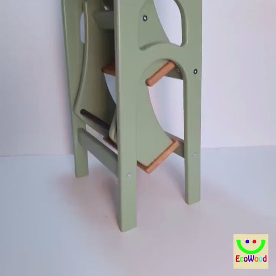 Sage Green Stepladder with Seat&Steps from Natural Oak, Pale Green StepStool, Stool Ladder, Foot Stool, Kitchen Step Stool, Dinning Stool