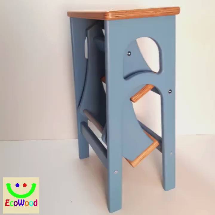 Stepladder Airforce Blue, StepStool, Stool Ladder, Foot Stool, Convertible Chair, Kitchen Step Stool, Dinning Stool, Natural Oak