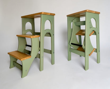 Handcrafted Ukrainian Stepladder by Family Woodshop: Convertible Stool - Sage Green (24.8"/63cm)