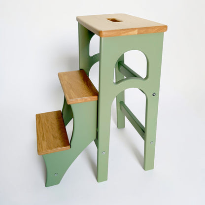 Handcrafted Ukrainian Stepladder by Family Woodshop: Convertible Stool - Sage Green (24.8"/63cm)