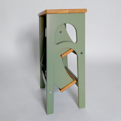 Handcrafted Ukrainian Stepladder by Family Woodshop: Convertible Stool - Sage Green (24.8"/63cm)