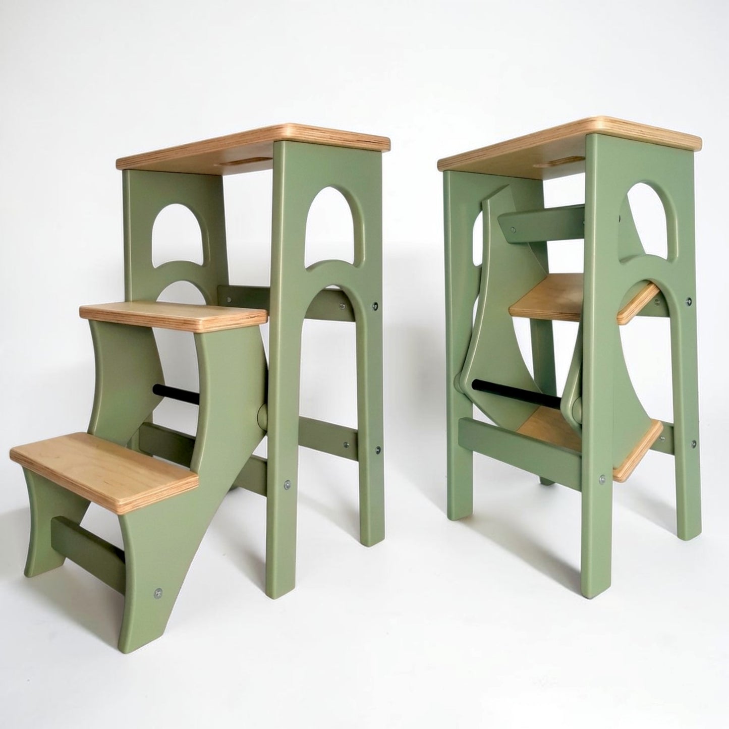 Handcrafted Ukrainian Stepladder by Family Woodshop: Convertible Stool - Sage Green (24.8"/63cm)
