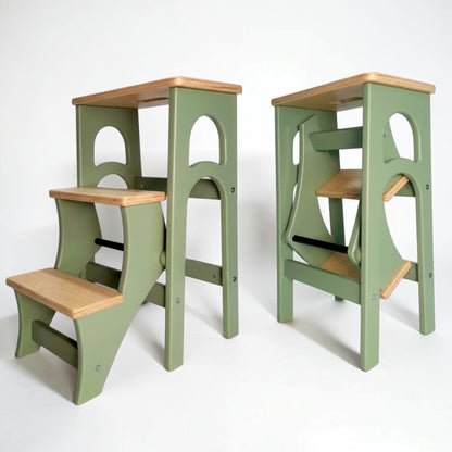 Handcrafted Ukrainian Stepladder by Family Woodshop: Convertible Stool - Sage Green (24.8"/63cm)