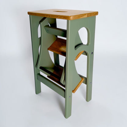 Handcrafted Ukrainian Stepladder by Family Woodshop: Convertible Stool - Sage Green (24.8"/63cm)