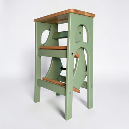 Handcrafted Ukrainian Stepladder by Family Woodshop: Convertible Stool - Sage Green (24.8"/63cm)