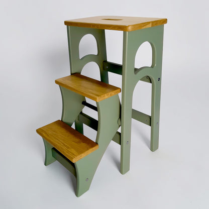 Handcrafted Ukrainian Stepladder by Family Woodshop: Convertible Stool - Sage Green (24.8"/63cm)