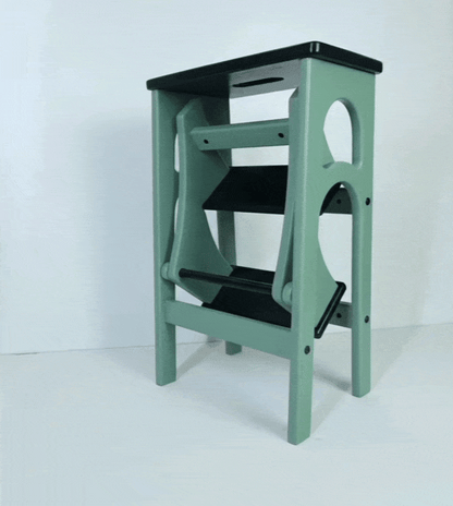 Handcrafted Ukrainian Stepladder by Family Woodshop: Convertible Stool - White / Solid Oak (Oil) Steps & Seat (24.8"/63cm)