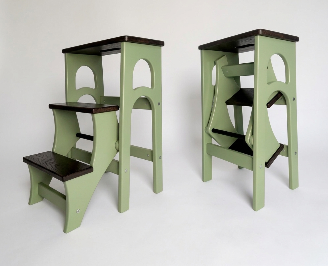 Handcrafted Ukrainian Stepladder by Family Woodshop: Convertible Stool - Sage Green (24.8"/63cm)